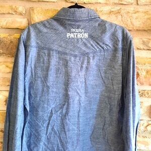 Tequila Patron Embro. Long-Sleeve Bar Shirt Western Blue 100% Cotton Mens L